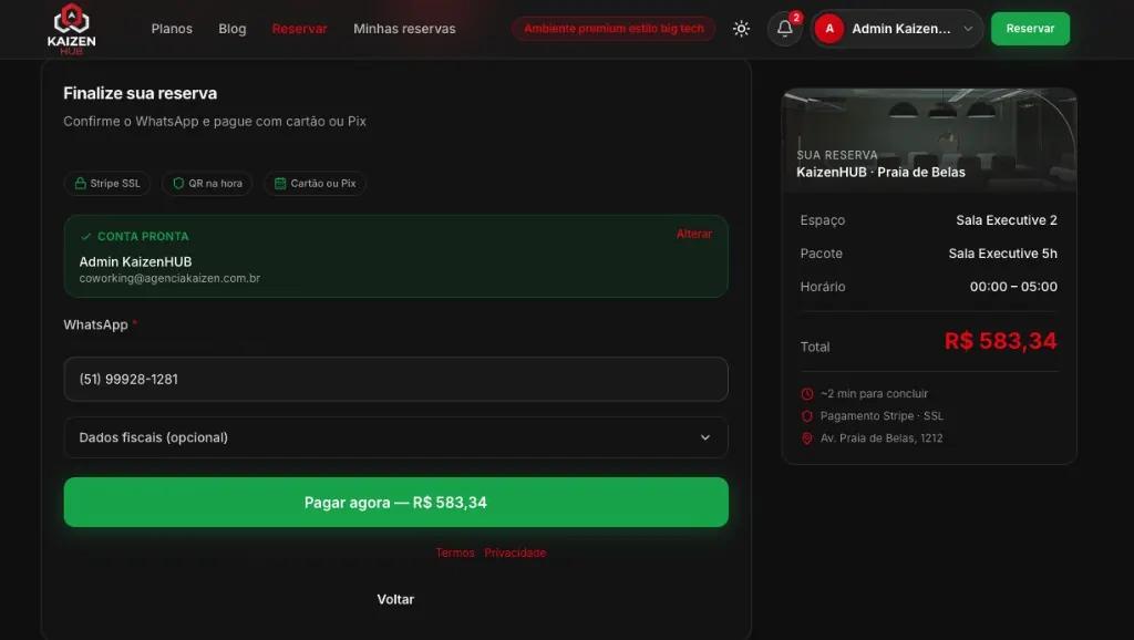 Checkout KaizenHUB com Stripe, cartão e Pix