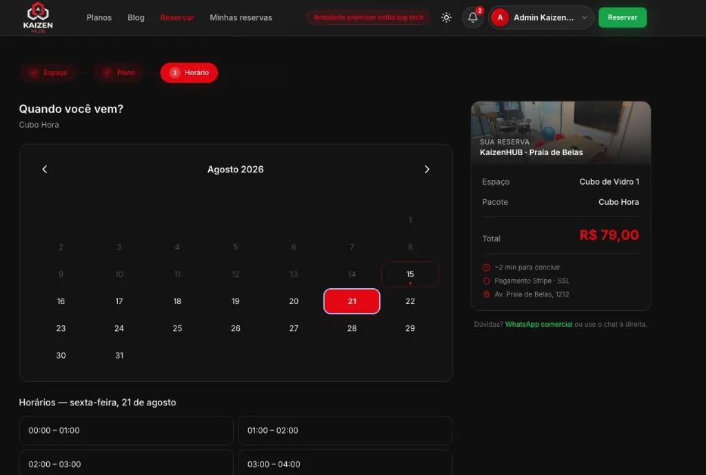 Sistema de reservas KaizenHUB — calendário e horários