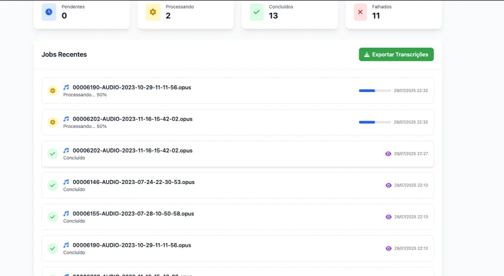 Transcreve.ai pagina com arquivos