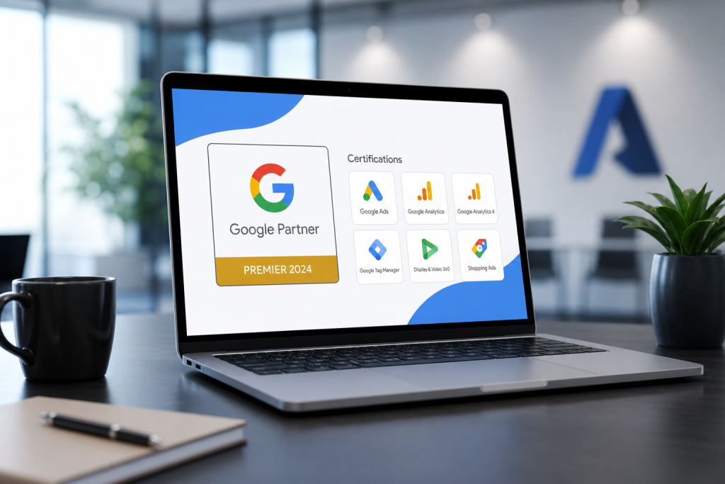 Google Partner Premier badge and certification displayed on a modern laptop screen